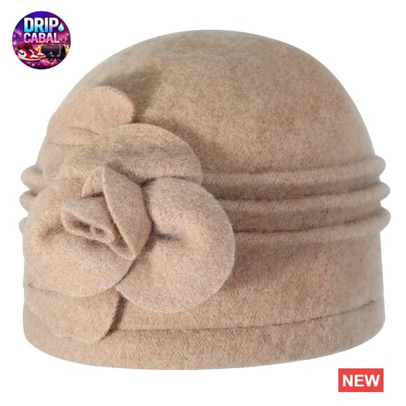 Wool Blend Vintage Cloche Bucket Hat with Stitched Flower Accent main image 7